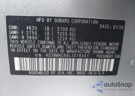 2020 Subaru Legacy Premium из США, поврежденный, VIN 4S3BWAC66L3018941